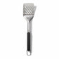 Metallic spatula with a black handle on a white background