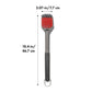 Barbecue brush with red bristle head and measurements on a white background
