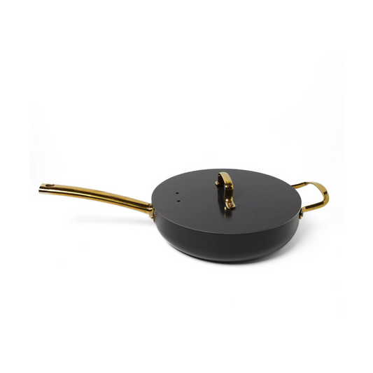 This deep skillet features a beautiful golden handle that adds a touch of luxury to your kitchen.  The 11" deep frypan is perfect for cooking anything from sauces, soups, stews, pasta or deep frying! The tight-fitting lid locks in moisture while the steam release holes prevents those messy explosions! 