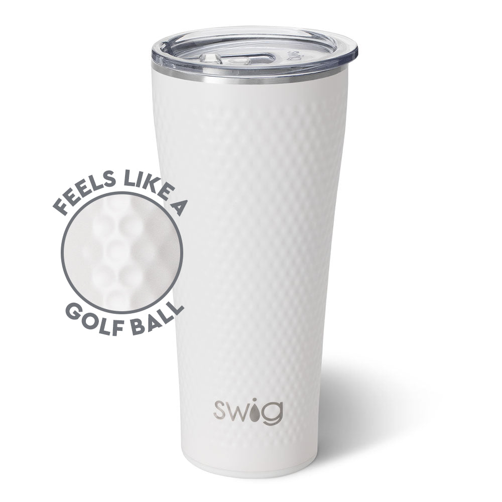 32oz Golf Tumbler with slim profile, cup holder-friendly, patented dimple design like a golf ball! Keeps drinks cold 24+ hours, hot 3+ hours. Triple insulation technology, non-breakable, scratch-free. BPA-free lid with removable slider for cleaning. Straws sold separately.