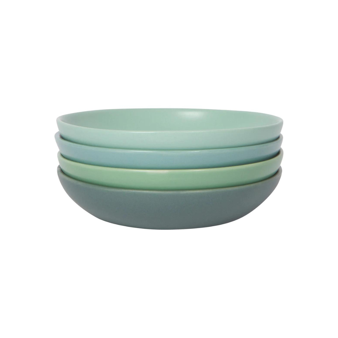 A four-piece set of dishes for dips, spreads, and more. These dishes feature vivid greens to enliven any gathering. Enhance your snack presentation.