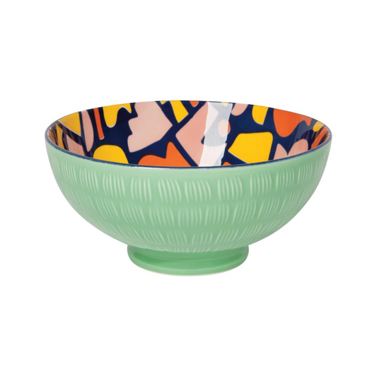 This textured porcelain bowl with bold patterns is as handy as it is beautiful - use it as a normal bowl in the kitchen, as a catch-all by the front door for keys, as a snack bowl, for side salads or pasta, or anything else you can think of! The stamped design and bold hand painted rim provide a decorative pop in any space.