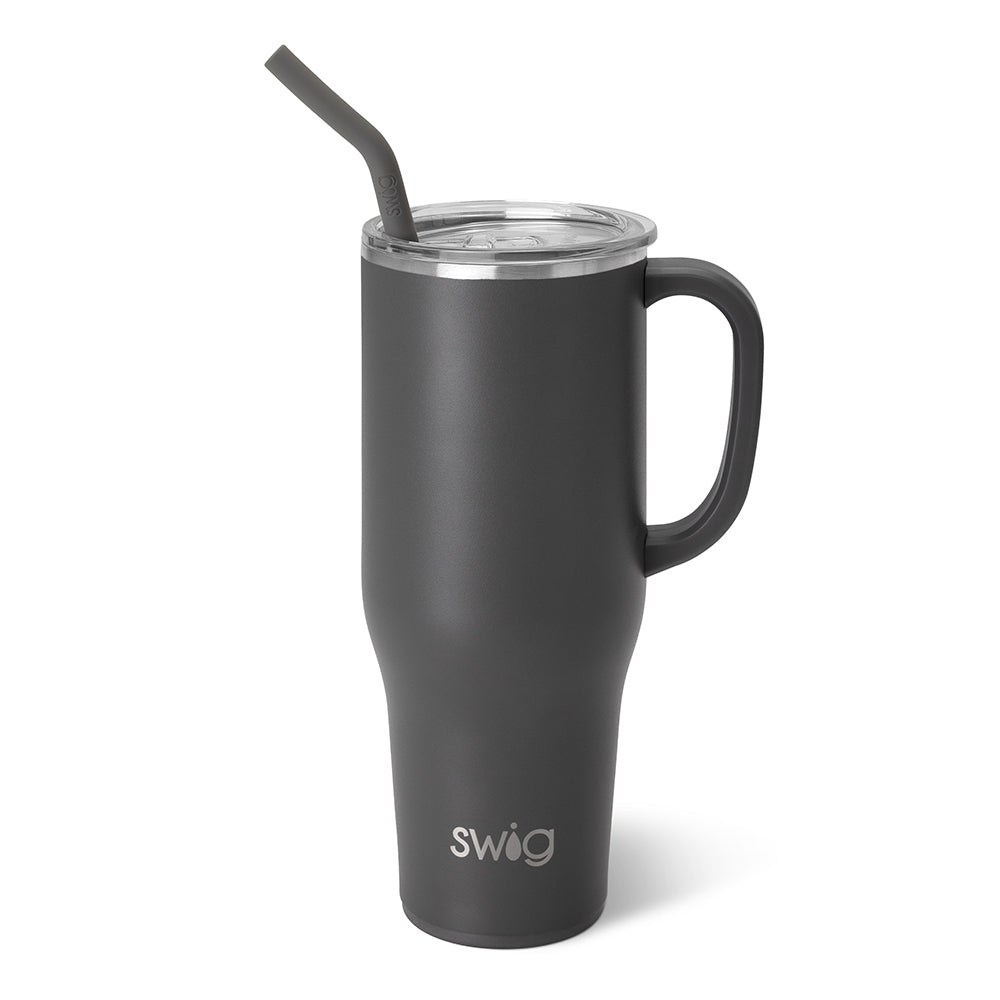 Sip in style with our 40oz Grey Mega Mug - keeps drinks cold 24+ hours and hot 9+ hours. Features cup holder-friendly design, comfort-grip handle, & extra large lid with removable slider. Made of 304-18/8 stainless steel, double-walled & copper-plated to prevent condensation. Comes with a plastic straw & silicone flexi-tip.