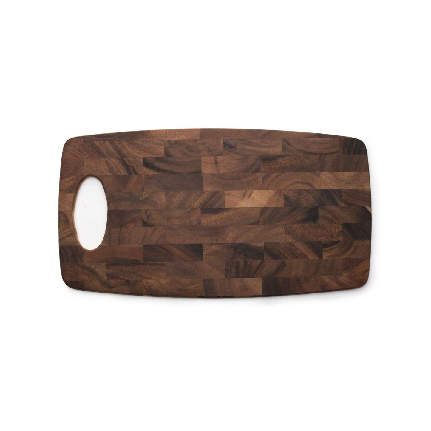 Functional + stylish? Get this beautiful end grain cutting board! Featuring a handle & made from acacia hardwood in stunning hues, this board is gorgeous & durable. End grain won't dull knives quickly as wood grain helps in cutting. Plus, acacia is sustainably sourced, not endangered. And for each harvest, a new tree is planted! Artful & eco-friendly? Count us in!