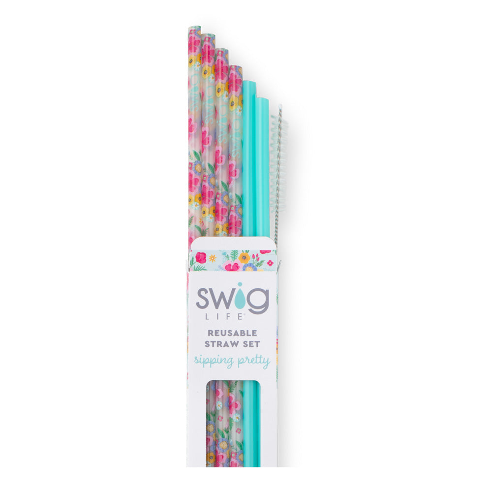 Ditch single-use straws and go eco-friendly! Add our reusable straw set to your Swig order for a sustainable routine! Includes 6 straws, cleaning brush. BPA-free plastic, 10.5" L, dishwasher safe. Not for hot liquids, microwave, or freezer. Compatible with various Swig products!
