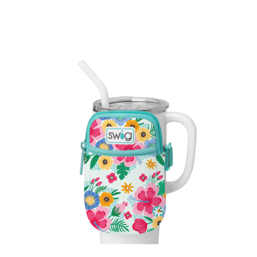 Get ready to bloom with our Island Mega Mug Pouch! This quirky pouch is the perfect hands-free accessory for any outing and can store all your essentials securely. Compatible with Swig's Mega Mugs and other tumblers, this durable pouch is washable and measures 6" H x 4" W x 1" D.