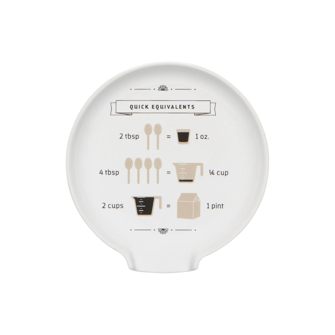 Stoneware stove top spoon rest in a neutral white color with a quick equivalents pattern that features measuring conversions from tablespoon to ounces, tablespoon to cups and cups to pints.  