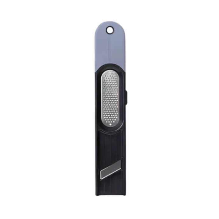 A slim, handheld electric razor with a dual-tone gray and black body, featuring a textured silver metallic shaving plate in the center and a small silver accent near the bottom, shown on a plain white background.