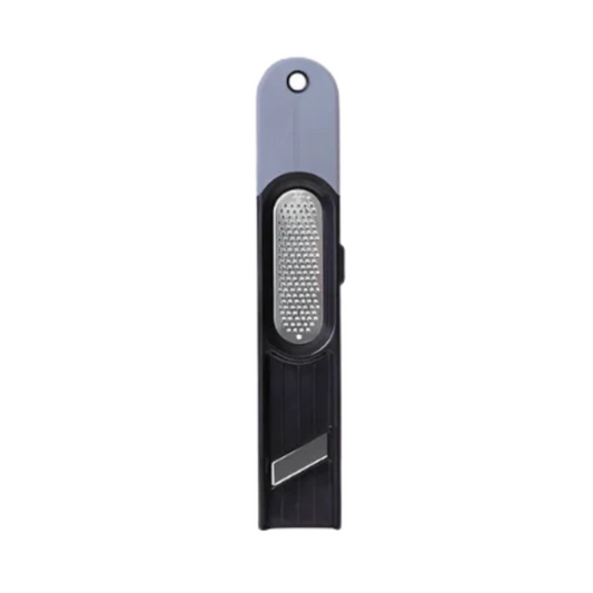 A slim, handheld electric razor with a dual-tone gray and black body, featuring a textured silver metallic shaving plate in the center and a small silver accent near the bottom, shown on a plain white background.