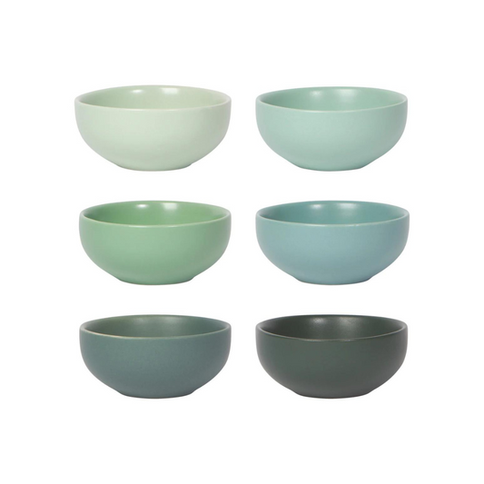 Set of six Now Design by Danica pinch bowls in the color Leaf.  Six different ombre green leaf colors, dishwasher and microwave-safe, these pinch bowls are a super handy helper in the kitchen!