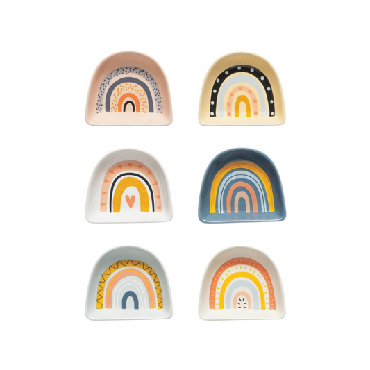 Set of six rainbow pinch bowls by Now Designs. 2 ounce capacity, dishwasher and microwave-safe, made of stoneware and oh so cute! 
