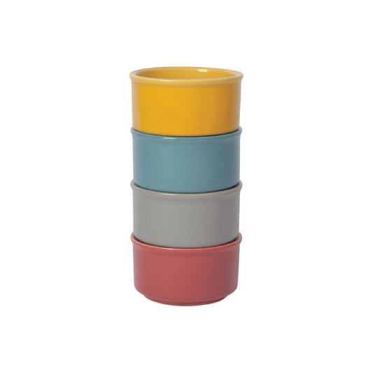 Set of 4 stoneware ramekins are 6 ounces in capacity. Made by Now Design, these red, blue, yellow, and grey ramekins are dishwasher and microwave safe! 