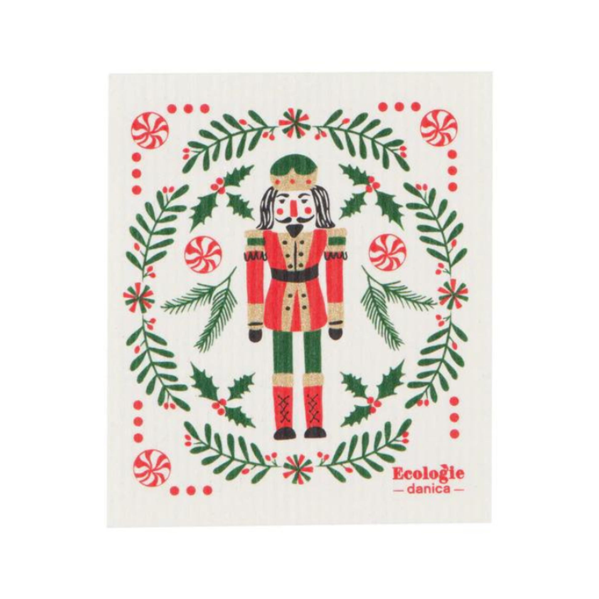 Decorative towel with a nutcracker design and 'Ecologie Danica' branding on a white background