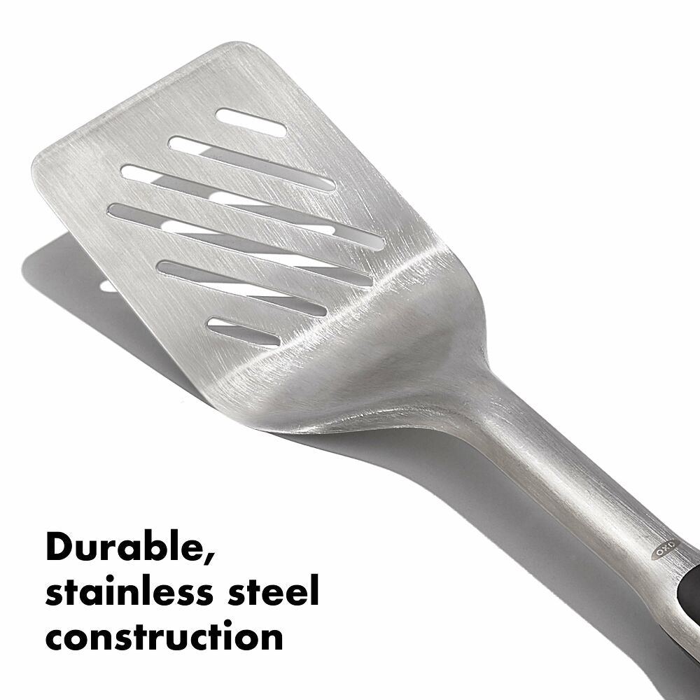 Stainless steel slotted spatula on a white background with text 'Durable, stainless steel construction'.