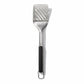 Metallic spatula with a black handle on a white background