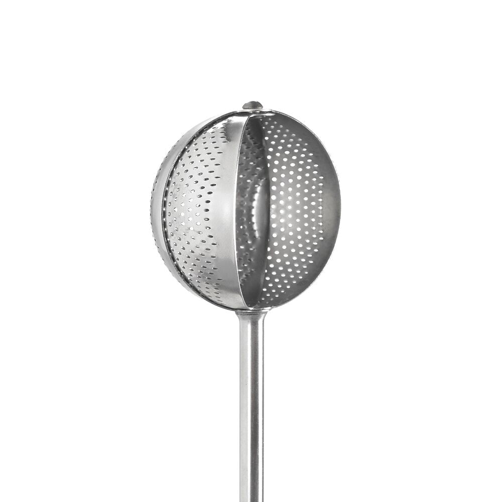 Metal tea ball with a handle on a white background