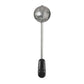 Metallic tea ball with black handle on a white background