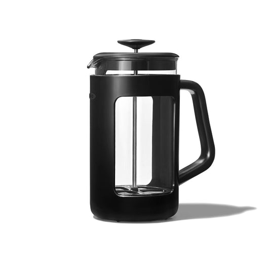 Black French press coffee maker on a white background