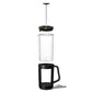 Black French press coffee maker with glass carafe on a white background