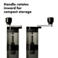 Two coffee grinders with handles rotating inward for compact storage on a white background.