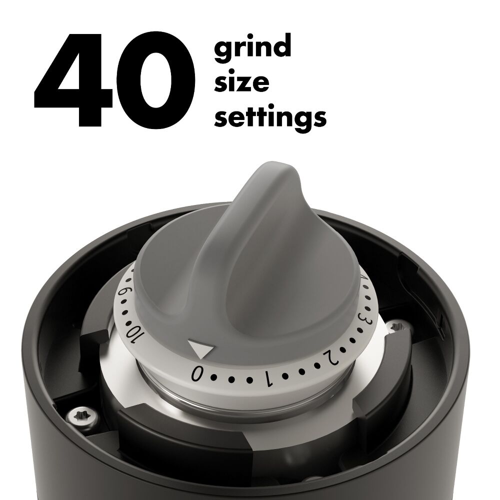 Coffee grinder with a dial indicating 40 grind size settings on a white background