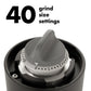 Coffee grinder with a dial indicating 40 grind size settings on a white background