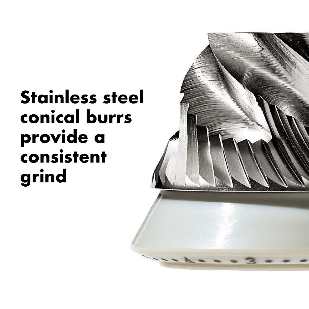 Stainless steel conical grinder with text on a white background