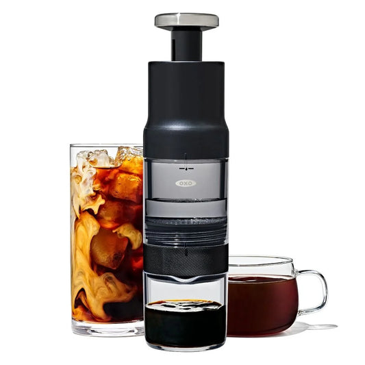 Black coffee maker with iced coffee and espresso on a white background