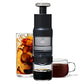 Black coffee maker with iced coffee and espresso on a white background