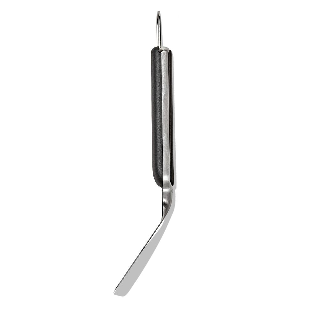 A stainless steel kitchen tool with a long, narrow handle and a bent, hook-like end, shown vertically against a plain white background.
