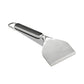 Metal spatula with a black handle on a white background