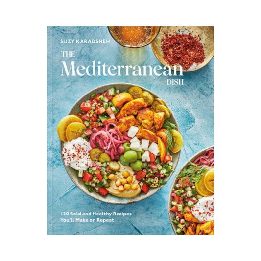 Book cover of 'The Mediterranean Dish' with a colorful dish on a blue background
