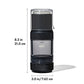 Black coffee grinder with dimensions labeled on a white background