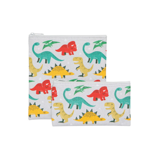 Set of two dinosaur food bags are perfect for snacks on the go, school lunch, or at the office.  Snack bag set comes with one larger and one smaller food safe bag that are also machine-washable. 