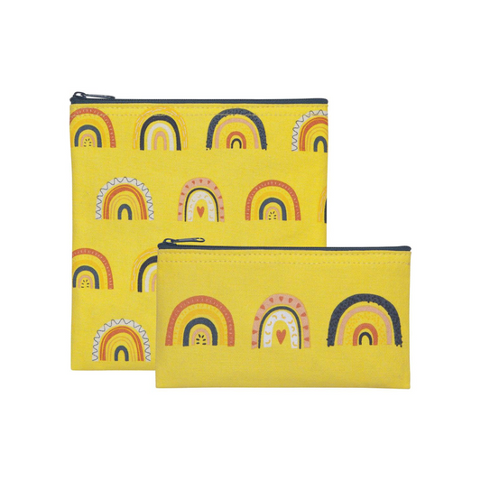 Set of two yellow with rainbow print snack bags perfect for school lunch, office lunch or anywhere on the go!  Snack set comes with a larger and smaller bag that have a food safe lining and machine washable. 
