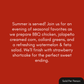 Promotional text for a summer menu with BBQ chicken, corn, collard greens, watermelon, feta salad, and strawberry shortcake on a red background.