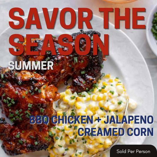Plate of BBQ chicken and jalapeno creamed corn with text 'Savor the Season Summer' on a white plate.