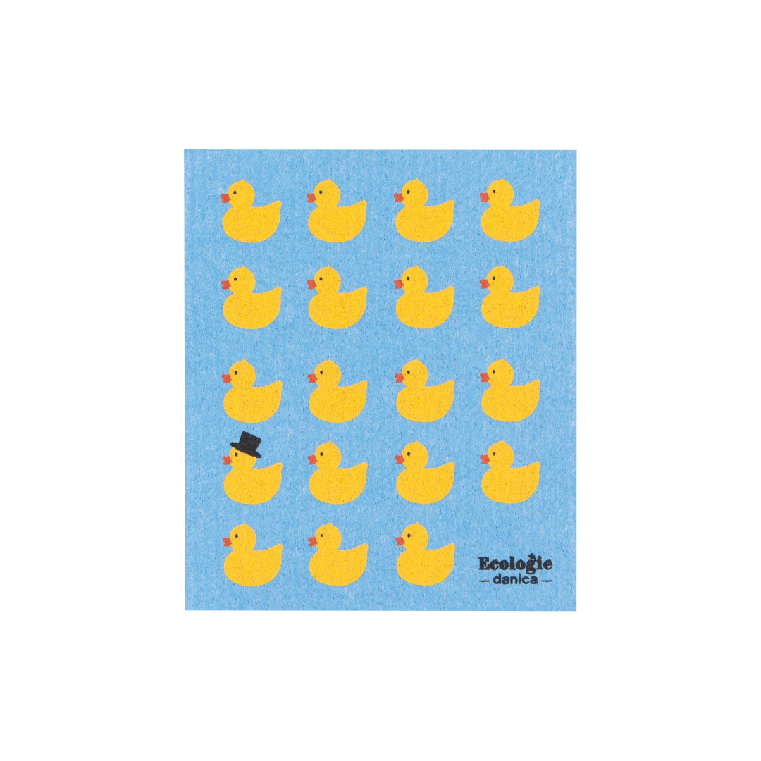 The Swedish Sponge Cloth in Rubber Duckies brings a splash of fun to your cleaning routine with its playful blue design featuring cheerful yellow rubber duckies—and one distinguished duck sporting a black top hat.