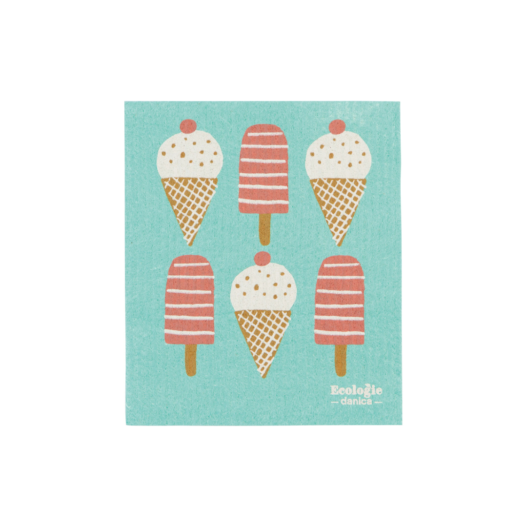 The Swedish Sponge Cloth in Seaside adds a playful touch to your kitchen with its vibrant blue design featuring vanilla ice cream cones topped with cherries and dreamy strawberry ice cream bars.