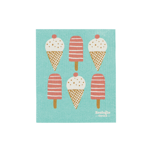 The Swedish Sponge Cloth in Seaside adds a playful touch to your kitchen with its vibrant blue design featuring vanilla ice cream cones topped with cherries and dreamy strawberry ice cream bars.