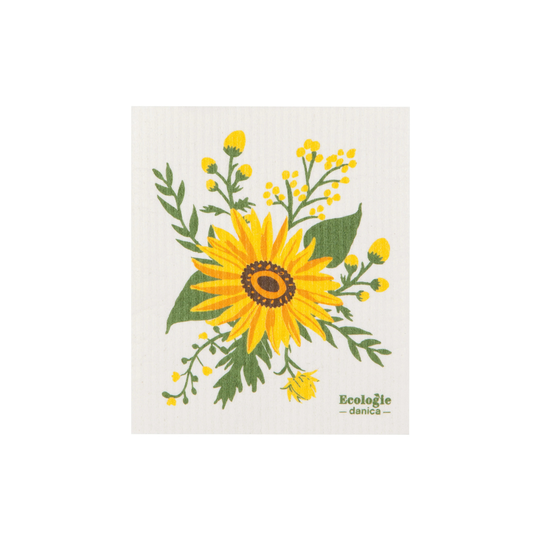 The Swedish Sponge Cloth in Sunflower Splendor showcases a vibrant yellow sunflower surrounded by delicate budding blooms, bringing a touch of nature to your kitchen.