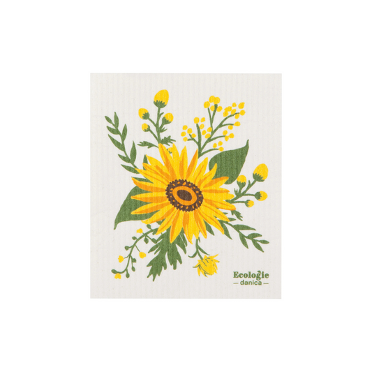 The Swedish Sponge Cloth in Sunflower Splendor showcases a vibrant yellow sunflower surrounded by delicate budding blooms, bringing a touch of nature to your kitchen.