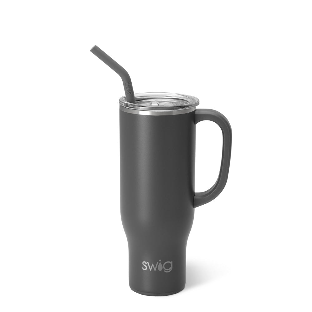 Get the fan-favorite SWIG Mega Mug in a 30oz size. Perfect for cup holders, with a comfy handle and a flexible straw for easy sipping. Keeps drinks cold for over 24 hours and hot for over 3 hours. Made of stainless steel and double-walled to prevent condensation and breakage. Comes with a removable lid and a silicone coaster base to prevent slipping and scratching. Includes a plastic straw with a removable silicone tip.