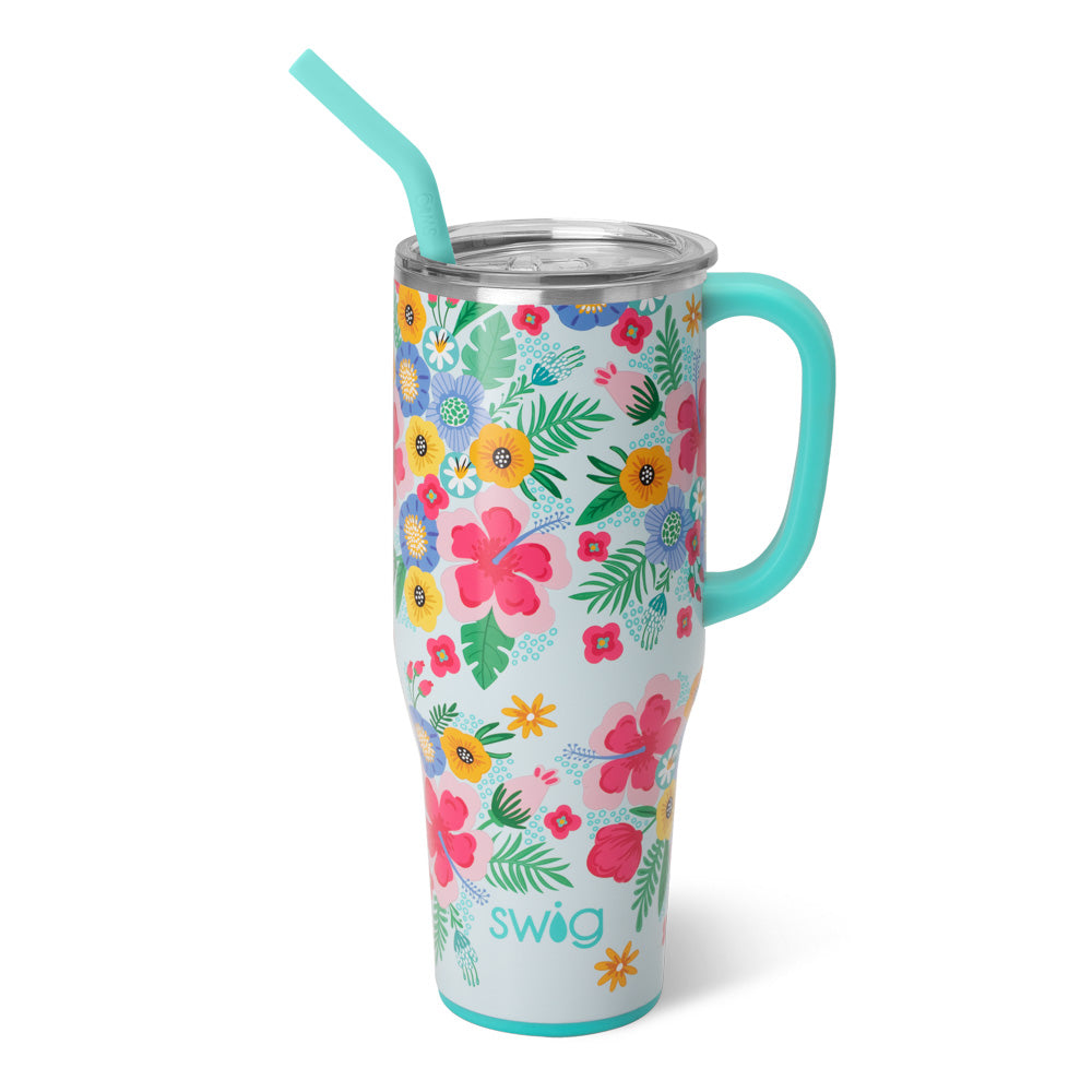 Quench your thirst with our 40oz Island Bloom Mega Mug! It's insulated, easy to hold, and keeps drinks cold for 24+ hours and hot for 9+ hours. Plus, it's built to last with a silicone coaster base and durable stainless steel construction. Cheers!