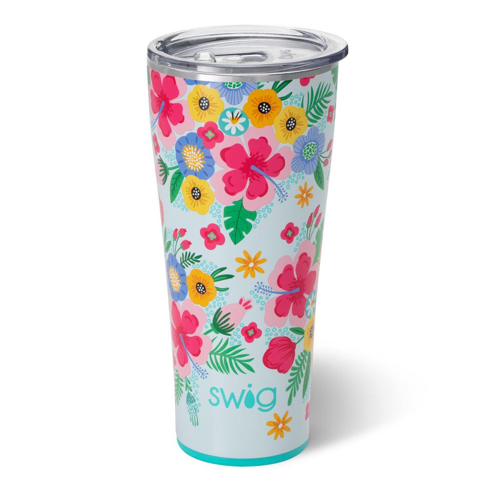 Quench your thirst with our Island Bloom Tumbler (32oz). Its slim design makes it holder-friendly and easy to grip, meaning fewer refills for you! Keep your drinks cold for over 24 hours and hot for over 3 hours with our triple insulation technology. Plus, it's made of sturdy stainless steel and comes with a BPA-free lid.