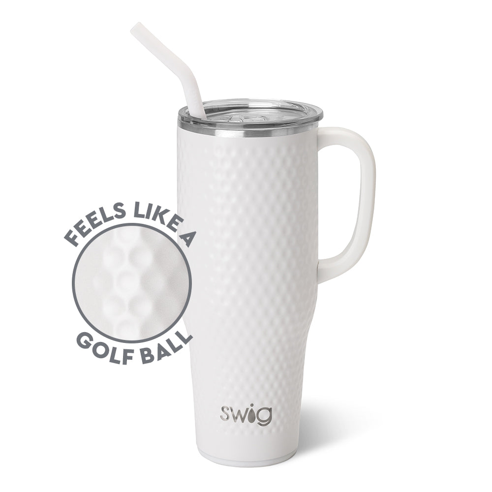 Get ready to hit the links and stay hydrated with SWIG's Mega Mug! Featuring a patented golf ball design, 40oz capacity, and double-walled insulation, this mug is the perfect accessory for all golf enthusiasts. Comes with a comfortable handle, cup holder-friendly frame, and an extra large lid with a removable slider. Sip in style with the included straw and silicone flexi-tip.