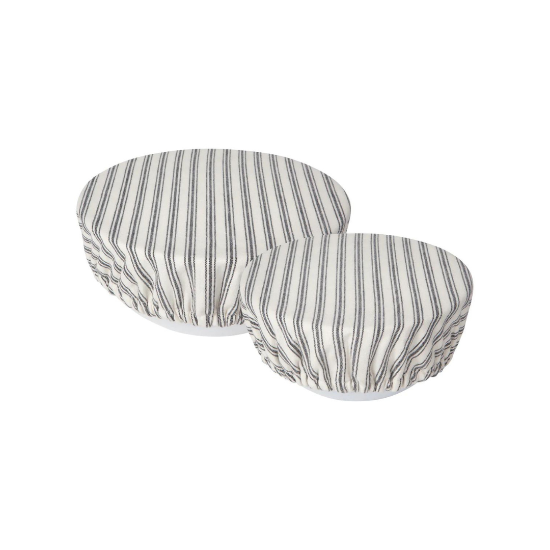 Ticking Stripe Bowl Covers provide an eco-friendly way to store leftovers, or cover bowls. The set of 2 reusable bowl covers are lined with a moisture barrier that helps to keep food fresher for longer, while eliminating the need for single-use plastic wrap. To clean, just remove and put in the washing machine. Save time, effort, and resources with every use.