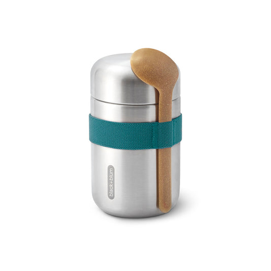 Travel Soup Container with spoon strapped on with a teal blue green band