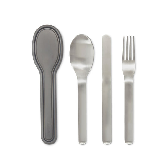 Stainless steel travel cutlery set comes with a fork, spoon, knife, and travel case that safely and snugly keeps your cutlery in one place!  Dishwasher safe and perfect for the office, lunch bag to go, picnic or any other adventure.