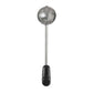 Metallic tea ball with black handle on a white background